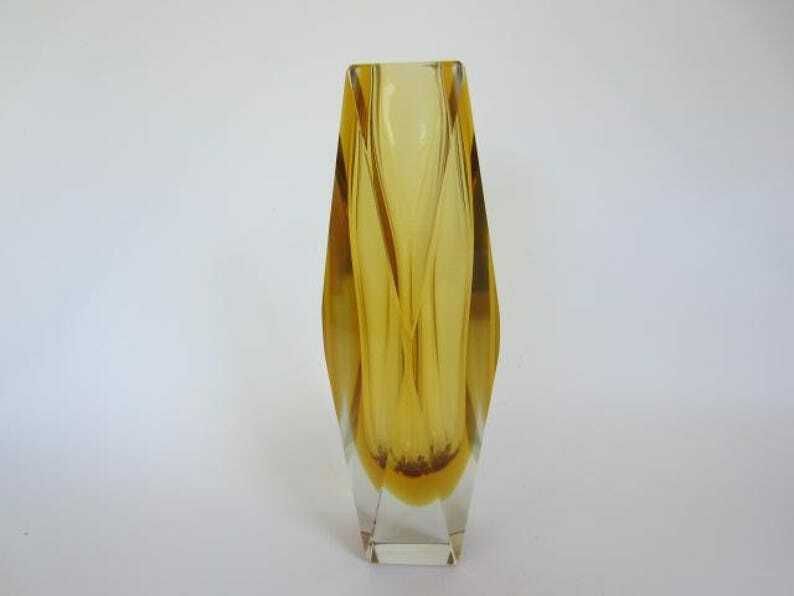 Murano Gold & Amber Sommerso Diamond Faceted Art Glass Vase photo 159.0