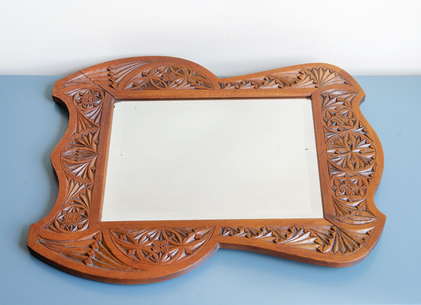 Hand Carved Folklore Wooden Wall Mirror, Beveled Glass, Antique, 1910s, Rare Design, Dutch Folk Art photo 270.0