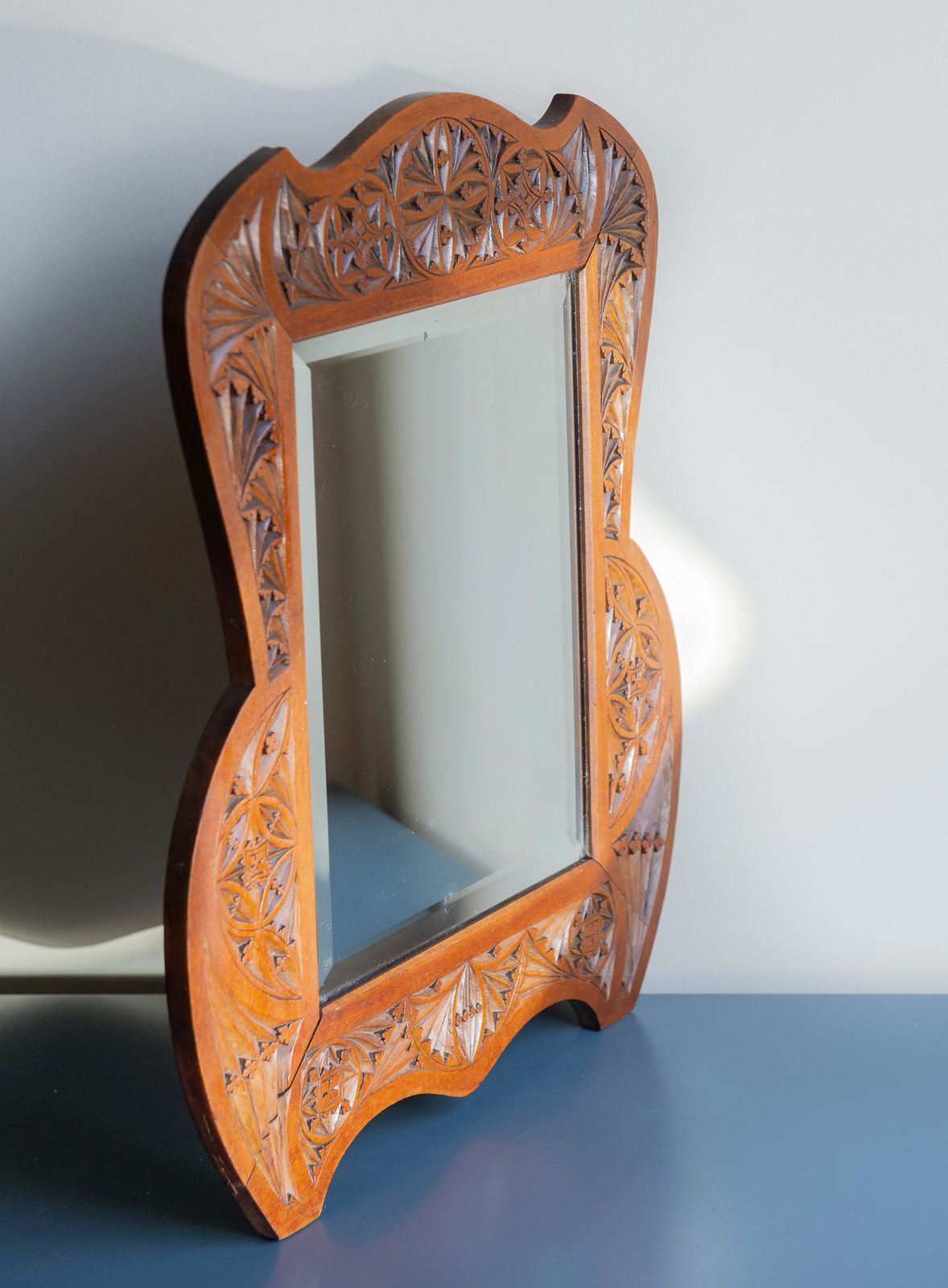 Hand Carved Folklore Wooden Wall Mirror, Beveled Glass, Antique, 1910s, Rare Design, Dutch Folk Art photo furniture