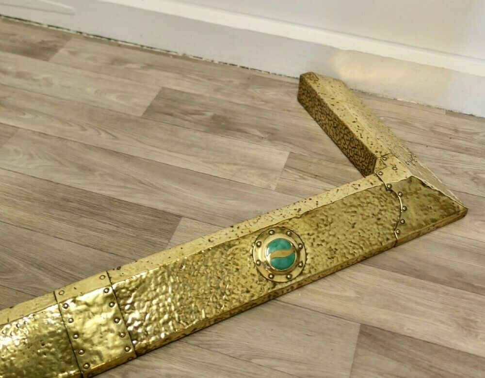 Antique Arts And Crafts Brass Fender, Green Cabochon photo vintage