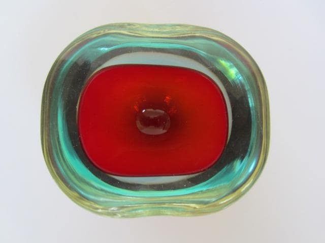 Murano Sommerso Oval Faceted Red Blue And Glowing Green Geode Art Glass Bowl photo vinterior