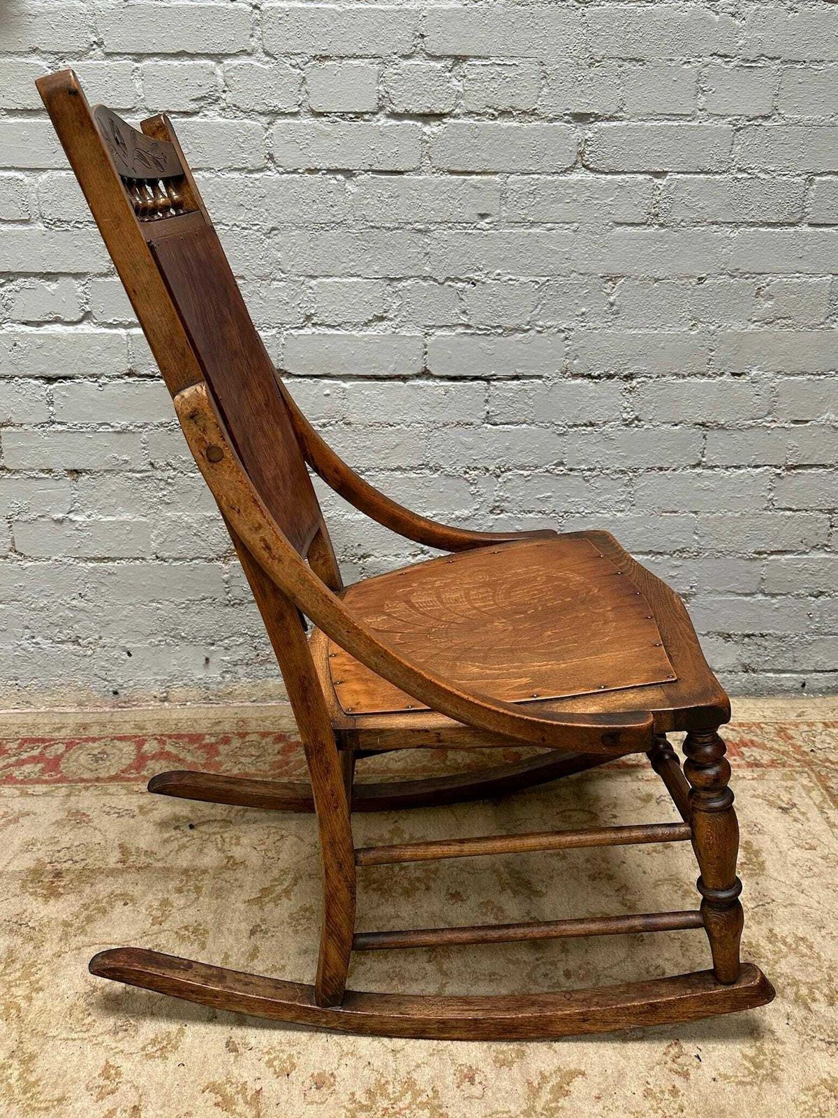 Antique Early 20th Edwardian Century Beech Floral Occasional Rocking Chair photo for sale
