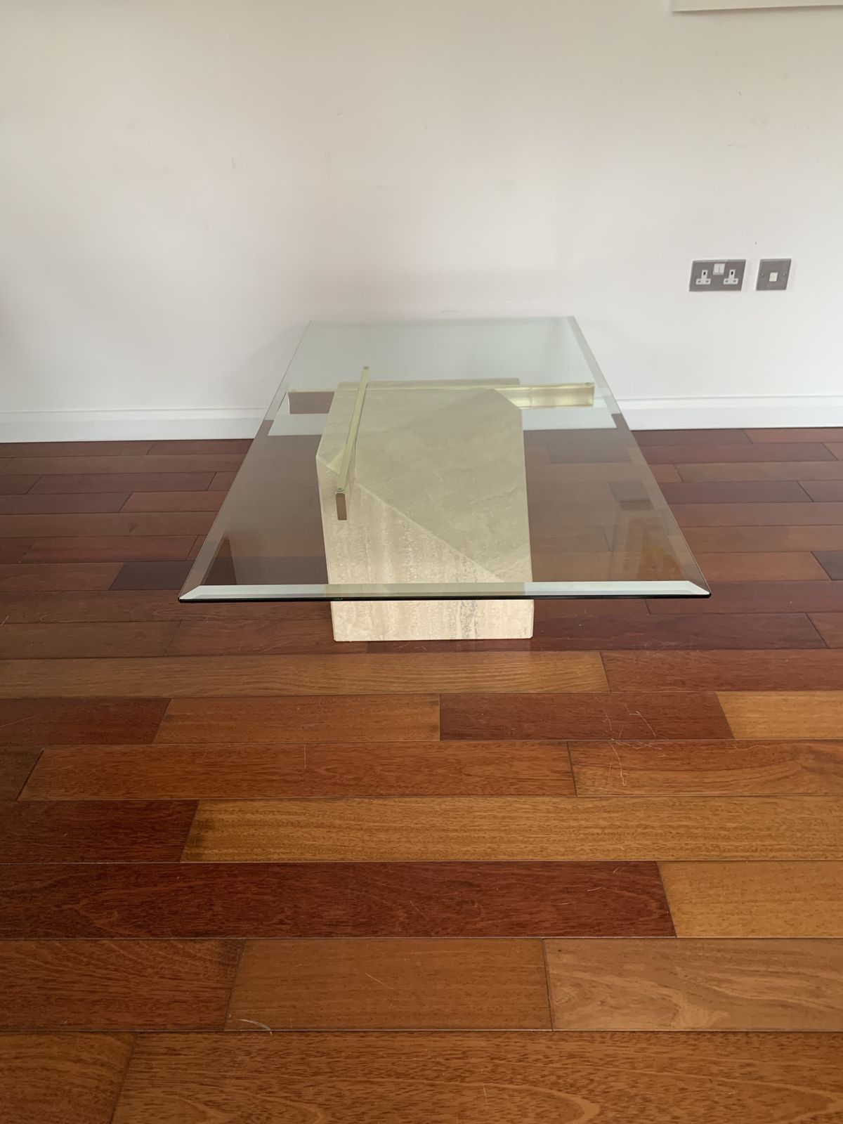 Italian Vintage Travertine, Brass And Glass Coffee Table, By Artedi , 1970s photo buy