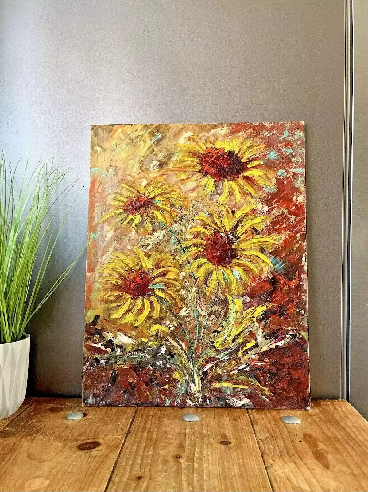 Vintage Original Floral Sunflower Bouquet Textured Abstract Still Life Painting photo furniture