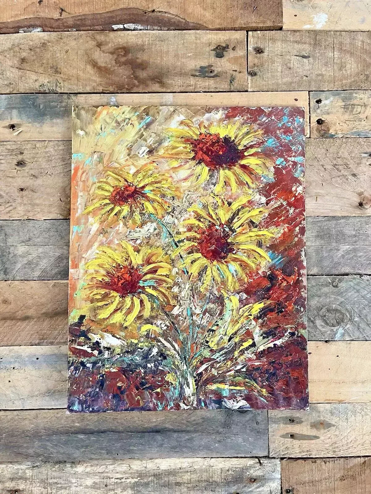 photo furniture Vintage Original Floral Sunflower Bouquet Textured Abstract Still Life Painting
