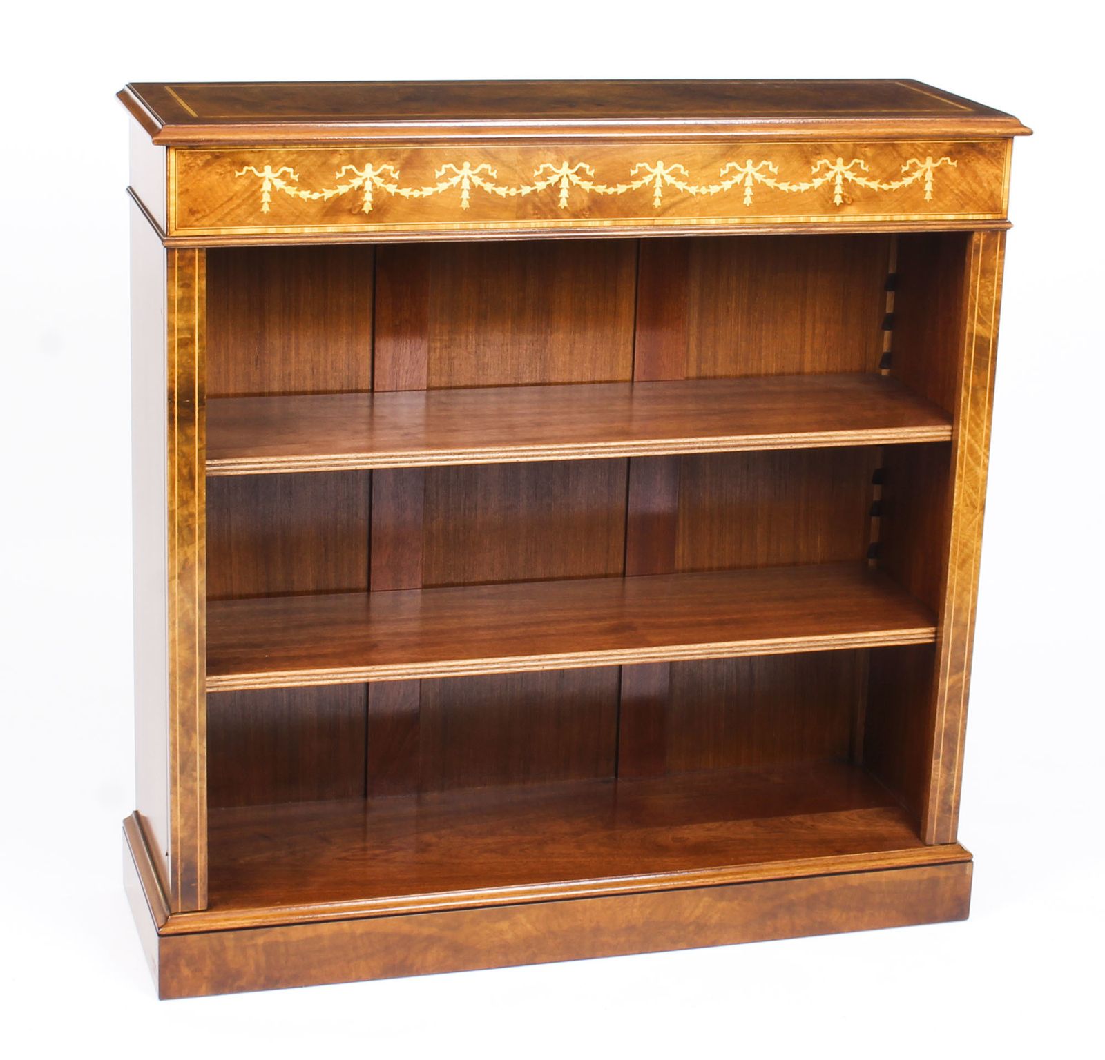 Bespoke Sheraton Revival Low Burr Walnut Open Bookcase photo furniture
