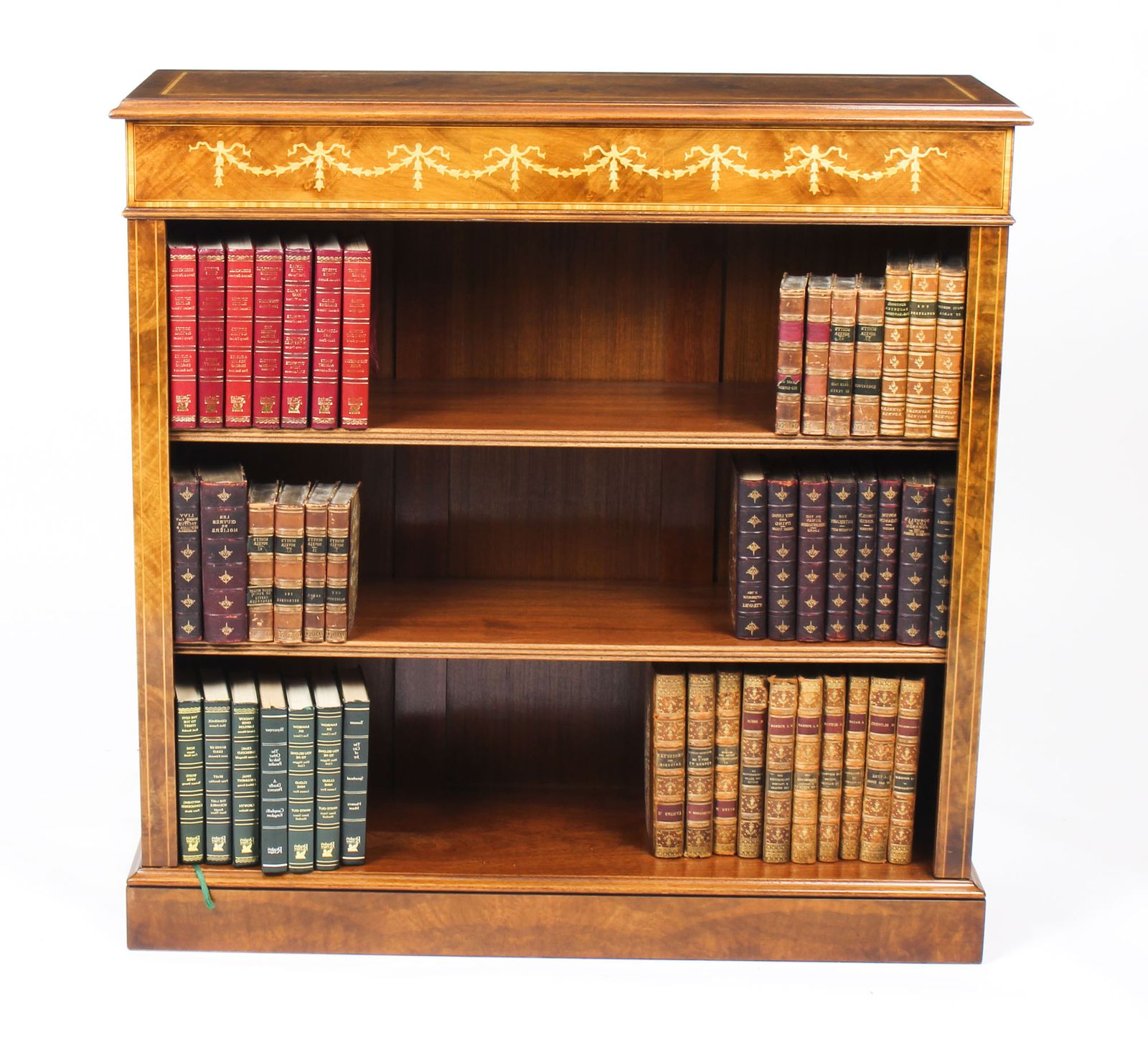 Bespoke Sheraton Revival Low Burr Walnut Open Bookcase photo for sale