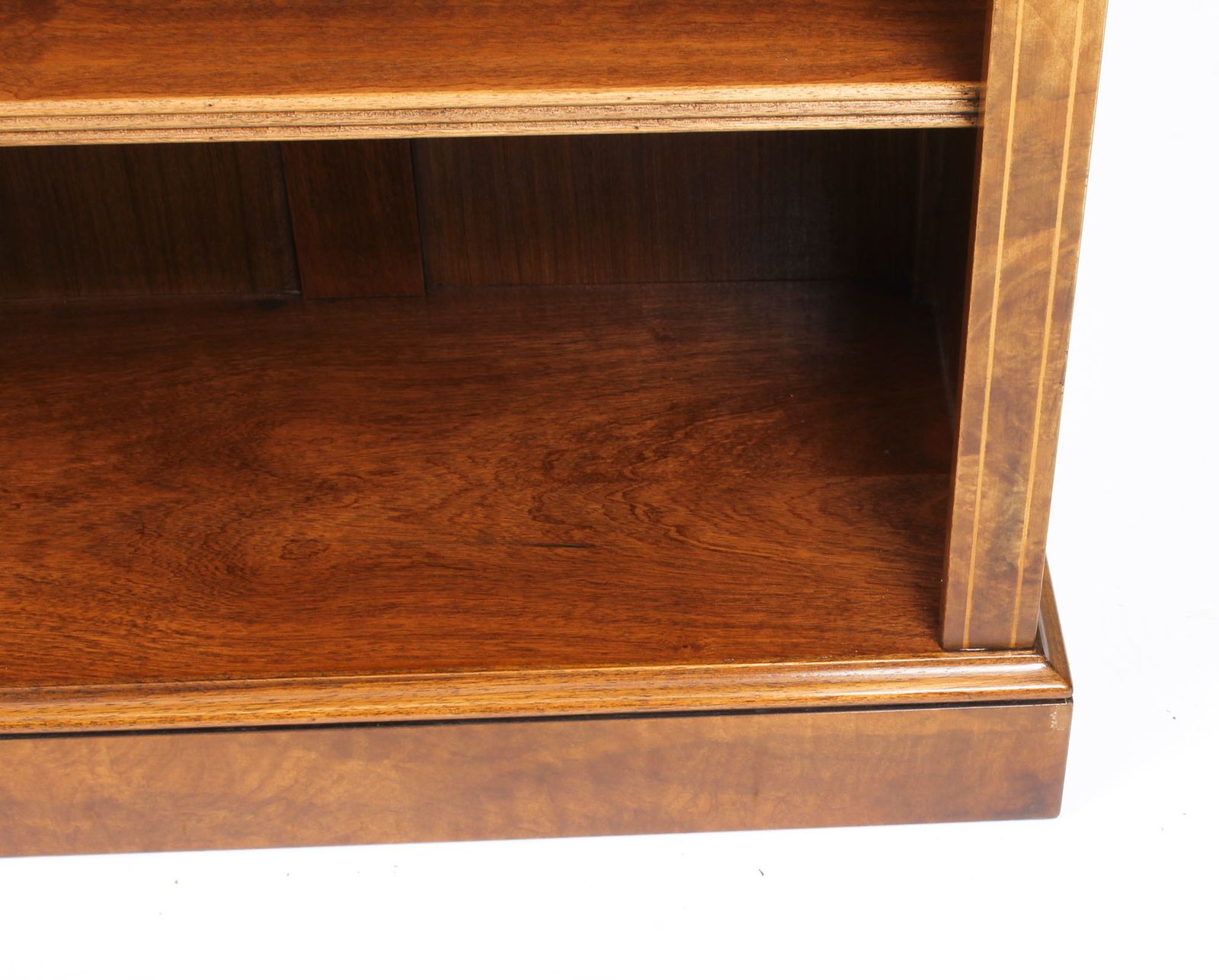 Bespoke Sheraton Revival Low Burr Walnut Open Bookcase photo vinterior