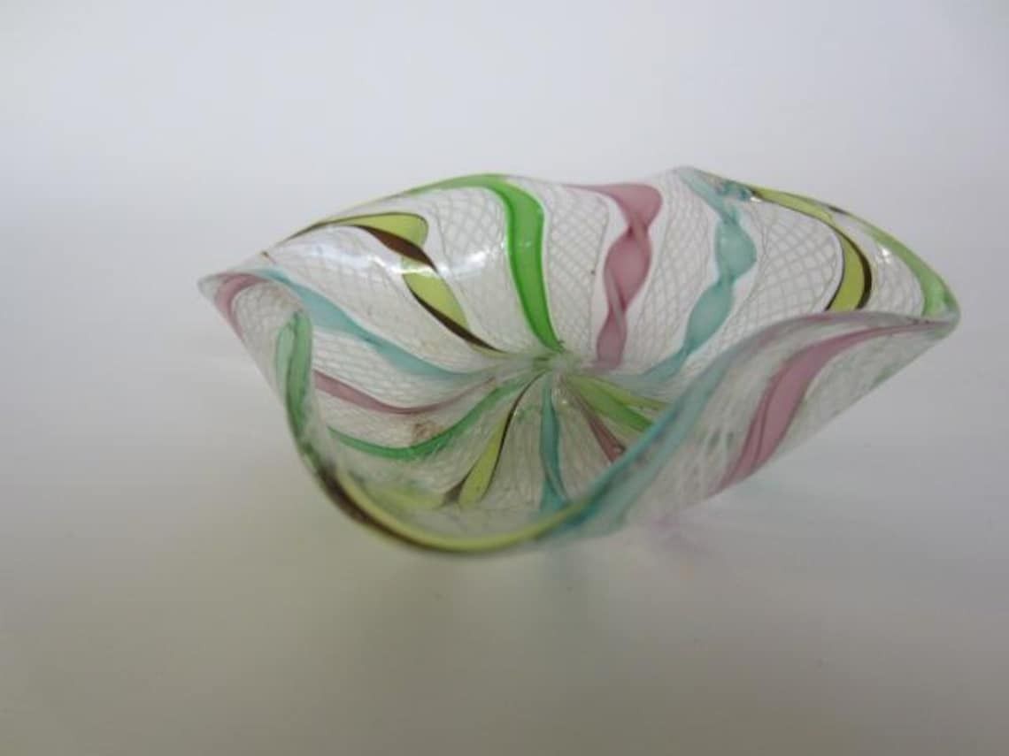 Murano Rare Zanfirico Latticino Pastel Rainbow Ribbon Ruffled Square Bowl photo Home Decor