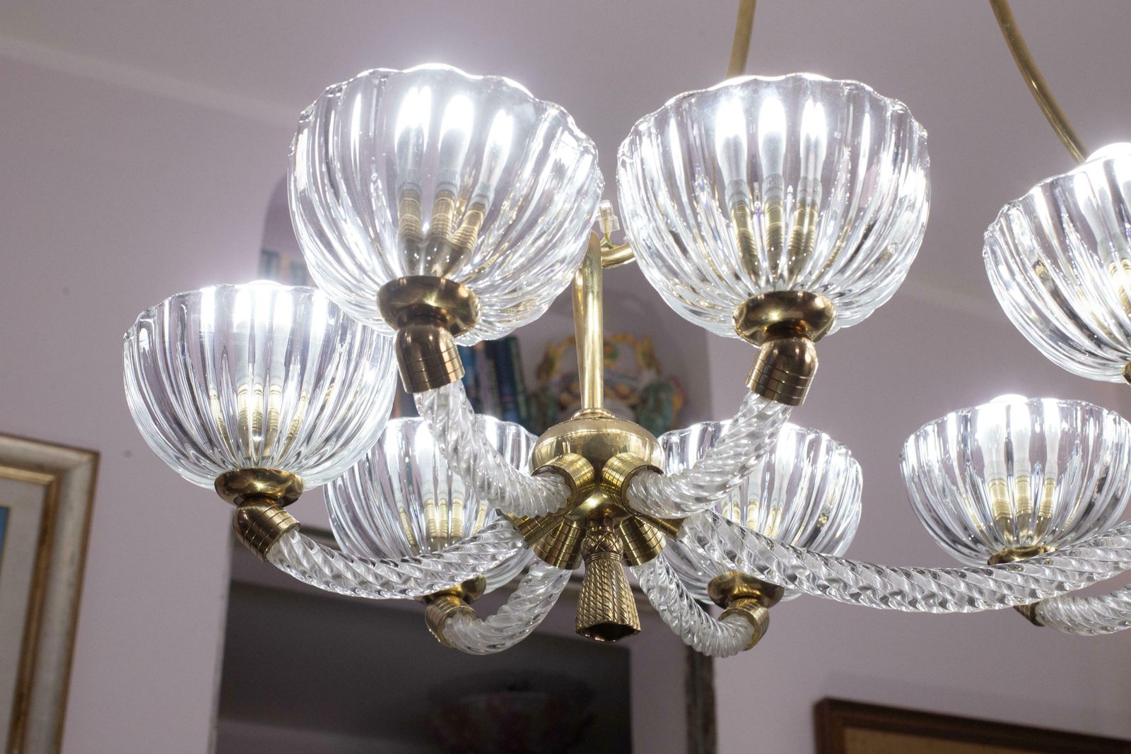 photo for sale Museal 10 Light Art Deco Murano Glass And Brass Chandelier By Ercole Barovier