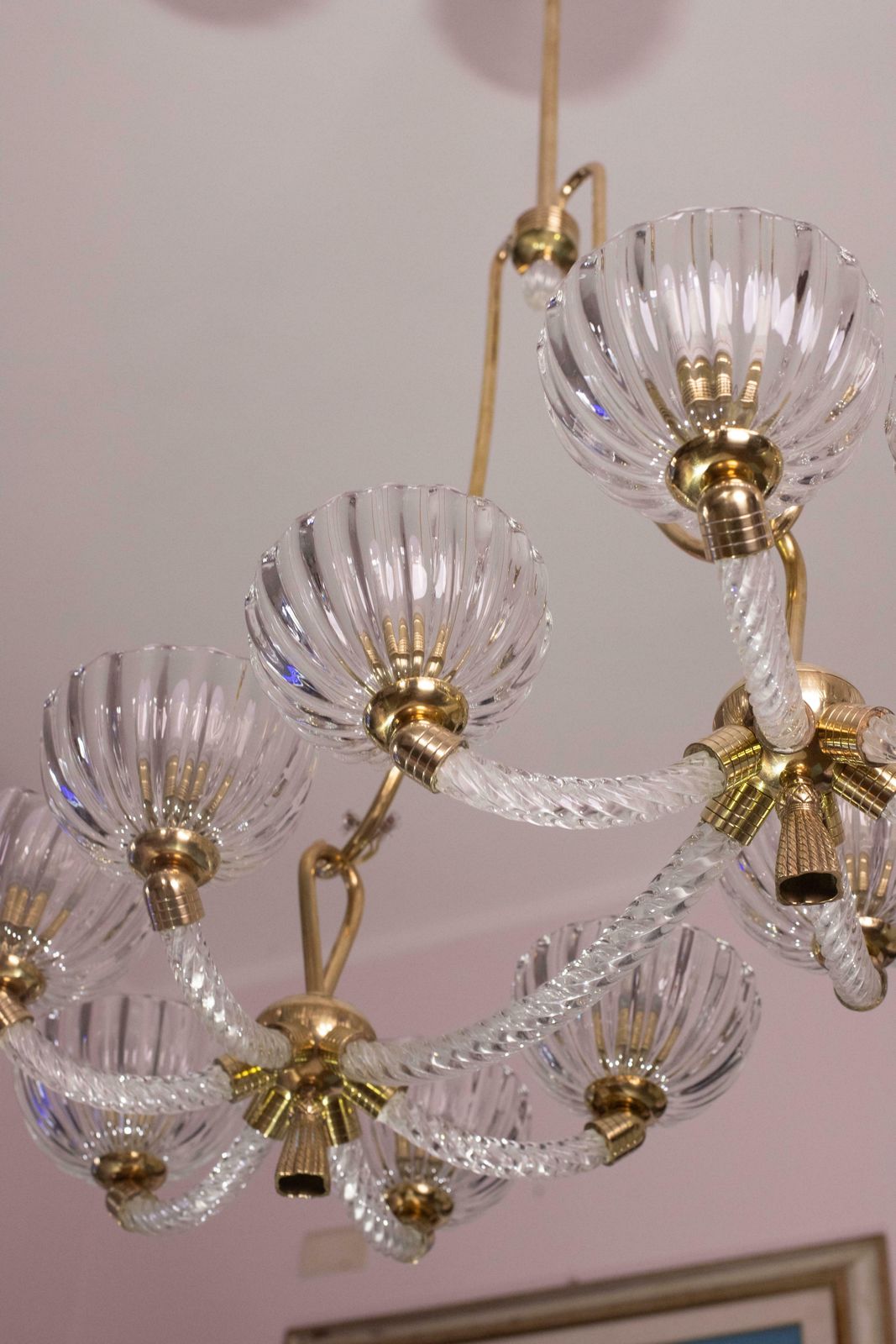 photo vintage Museal 10 Light Art Deco Murano Glass And Brass Chandelier By Ercole Barovier