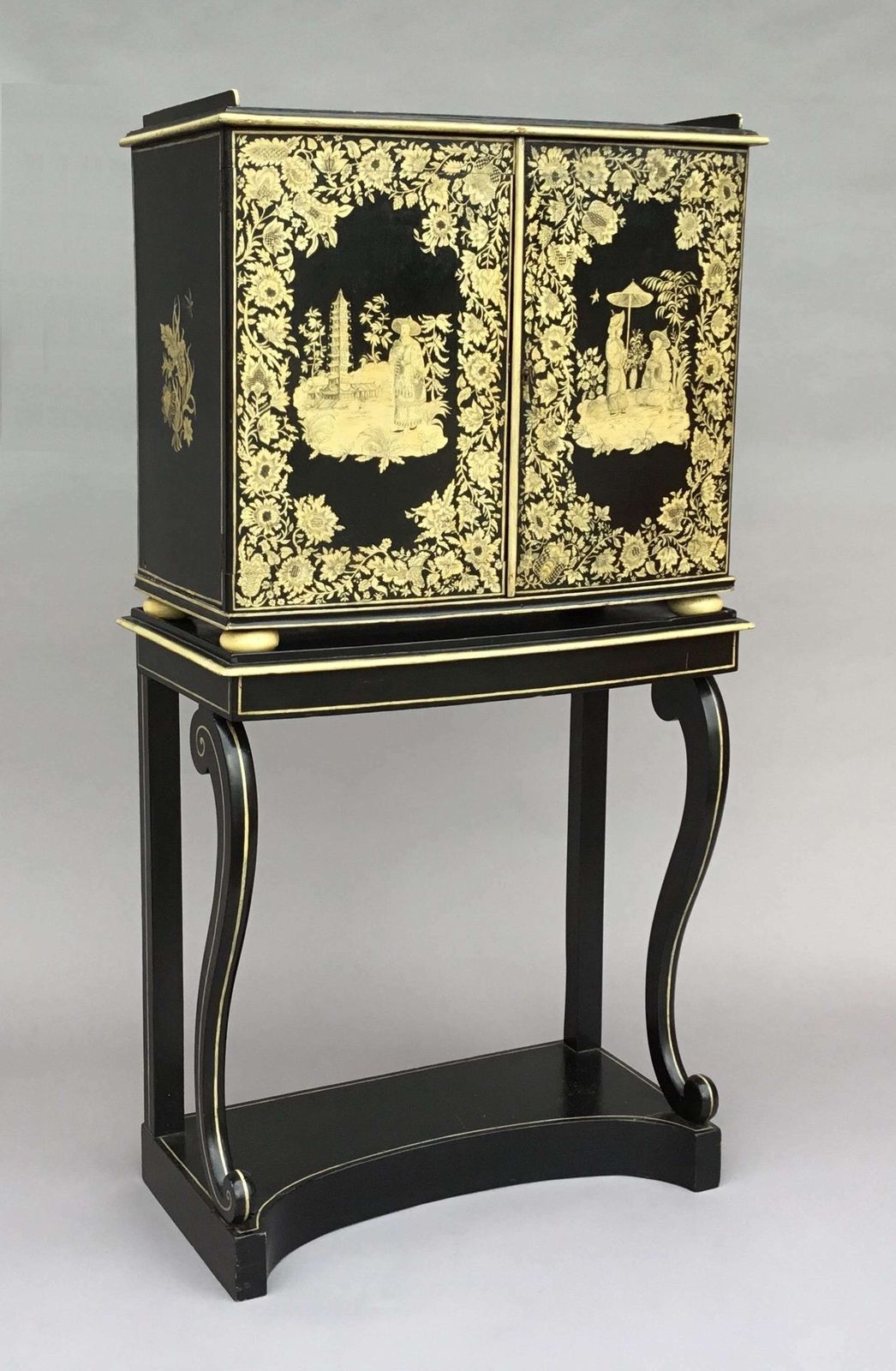 Rare Regency Chinoiserie Penwork Collectors Cabinet On Stand