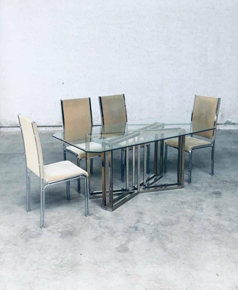 Hollywood Regency Stijl Geometrisch Ontwerp Messing & Glas Eettafel Van Belgochrom photo furniture