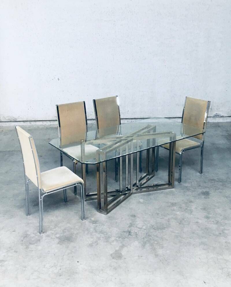 Hollywood Regency Style Geometrical Design Brass & Glass Dining Table By Belgochrom photo vinterior