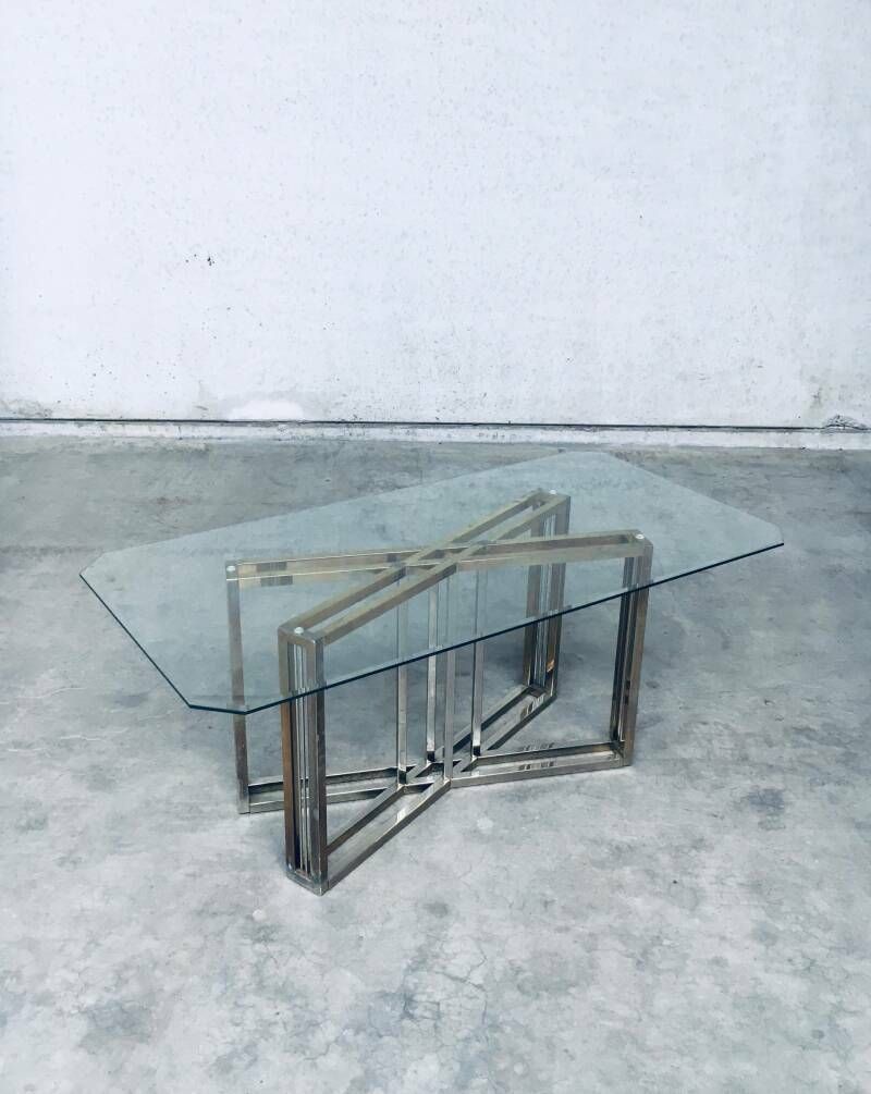 photo for sale Hollywood Regency Style Geometrical Design Brass & Glass Dining Table By Belgochrom