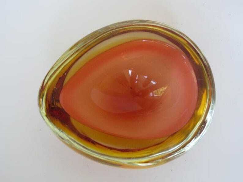 Murano Seguso Poli Sommerso Pink & Golden Amber Pear Shaped Glass Geode Bowl photo for sale