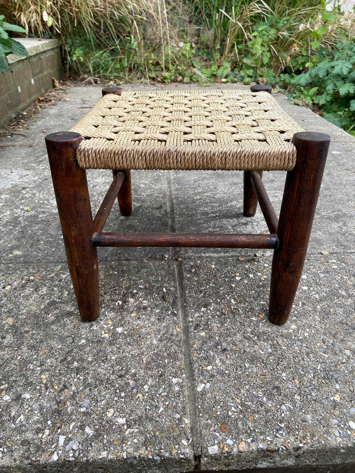 Child's Vintage String Woven Antique Wooden Stool   Dark Wood Frame With Woven String Hatched Seat   Child's Stool, Foot Stool, Plant Stand photo vintage