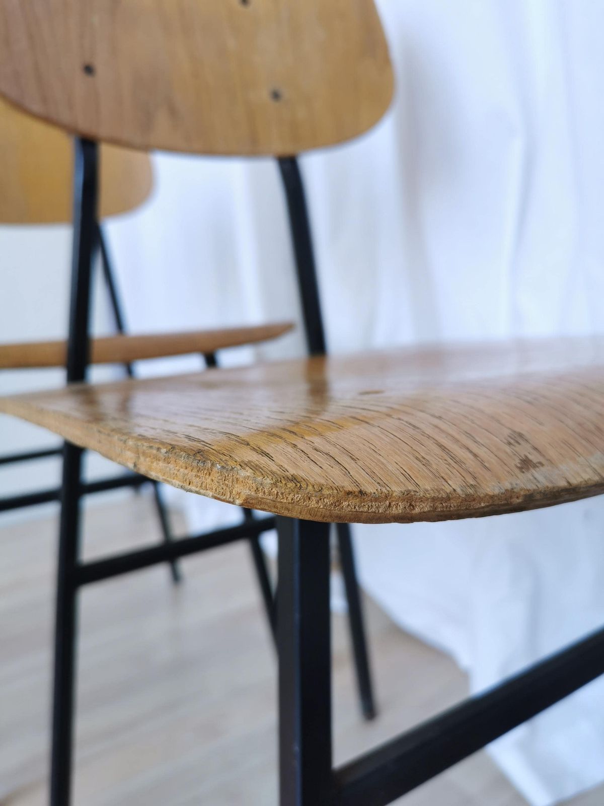 Set Of 3 Vintage School Chairs / Retro Wooden Dining Chair With Metal Base / Stol Kamnik Yugoslavia 1970 / Mid Century Dine Bistro Bar Pub photo vintage