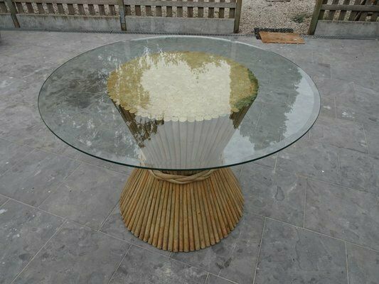 photo for sale Mc Guire Bamboo Rattan And Glass Dining Table, 1970s