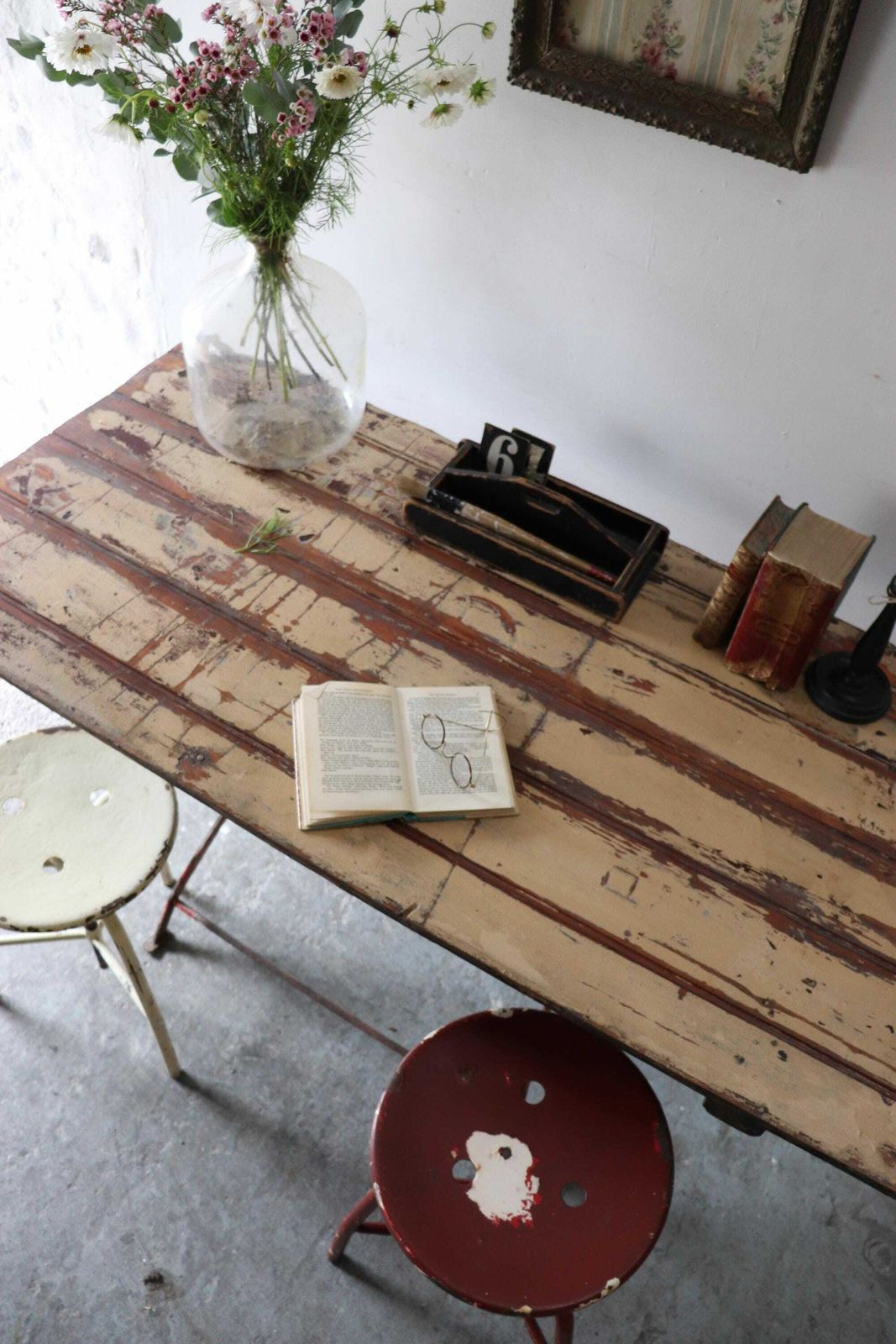 Striking Vintage French Trestle Table Or Desk With Attractive Painted And Distressed Plank Top And Metal Folding Legs photo for sale