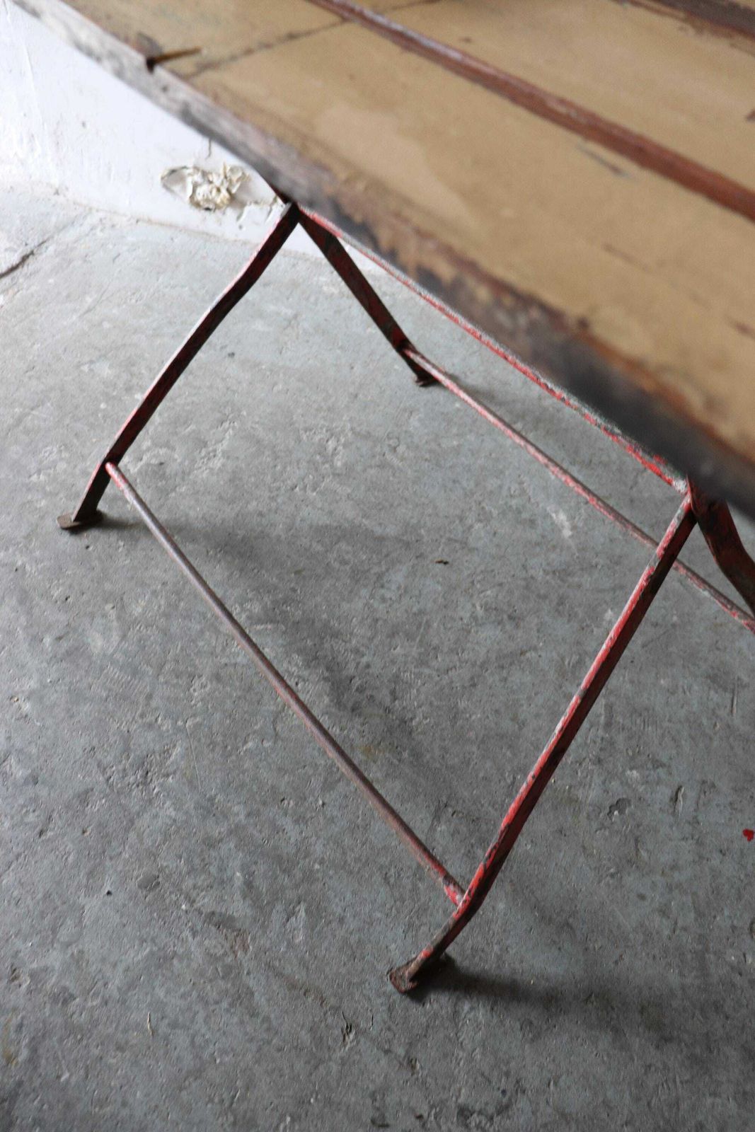 Striking Vintage French Trestle Table Or Desk With Attractive Painted And Distressed Plank Top And Metal Folding Legs photo vintage