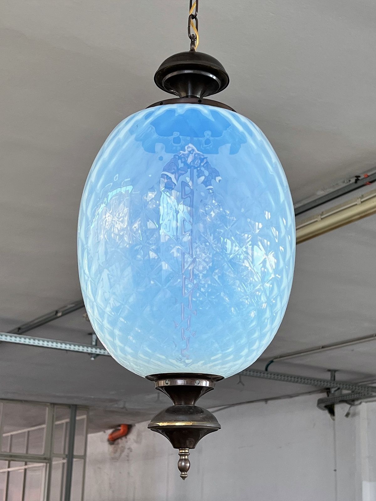Italian Pendant  Lantern In Brass And Opaline Textural Murano Glass, 1970 photo furniture