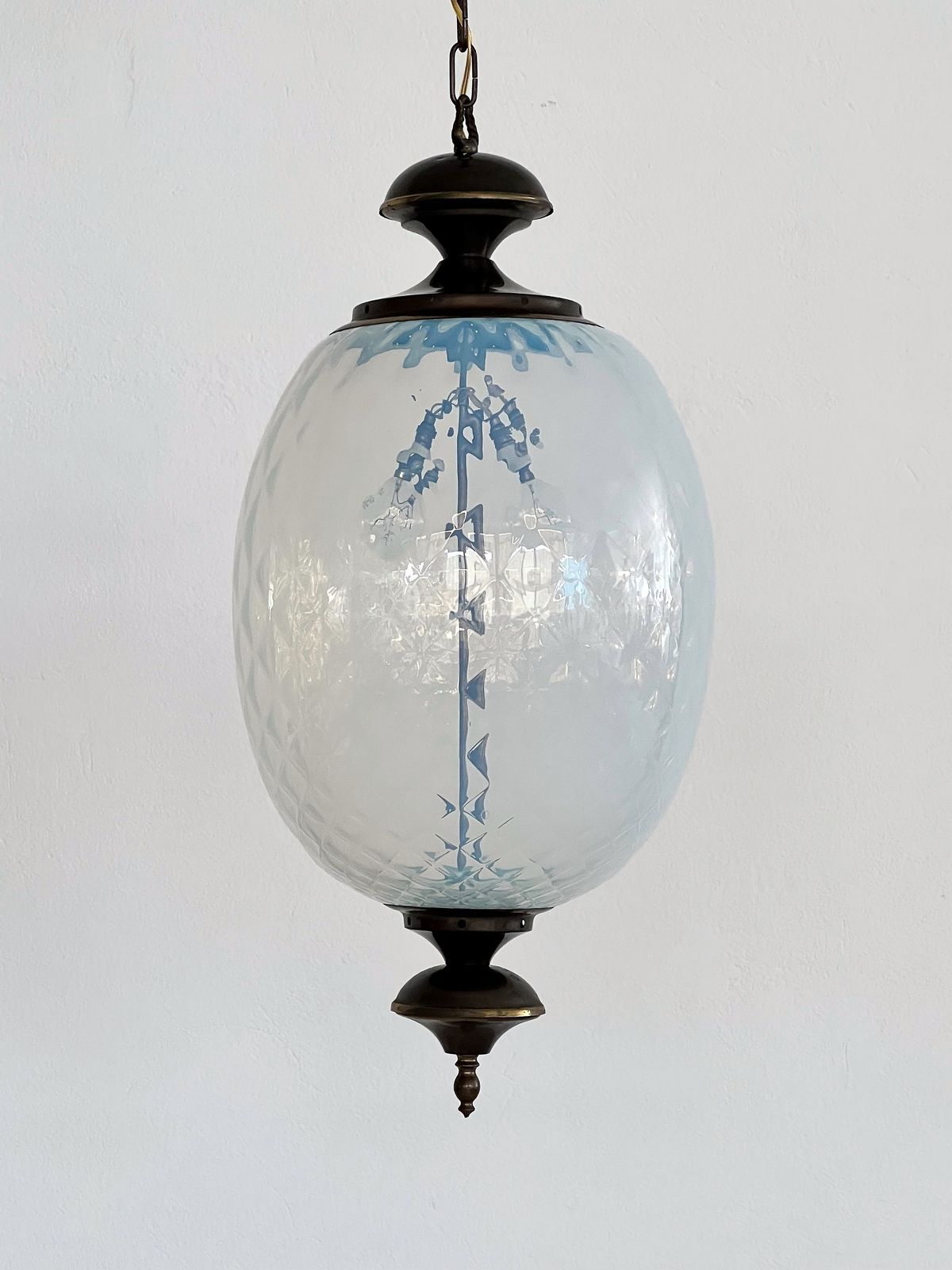 Italian Pendant  Lantern In Brass And Opaline Textural Murano Glass, 1970 photo 1400.0