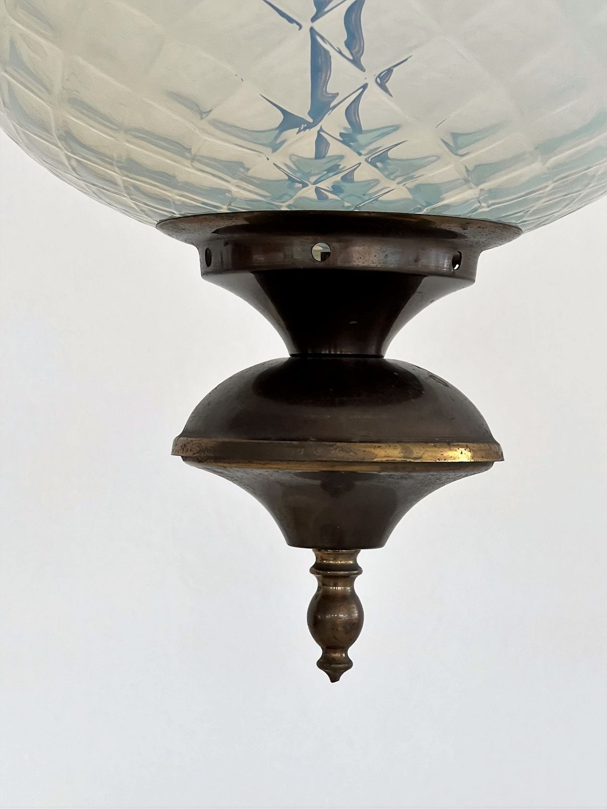 Italian Pendant  Lantern In Brass And Opaline Textural Murano Glass, 1970 photo vinterior