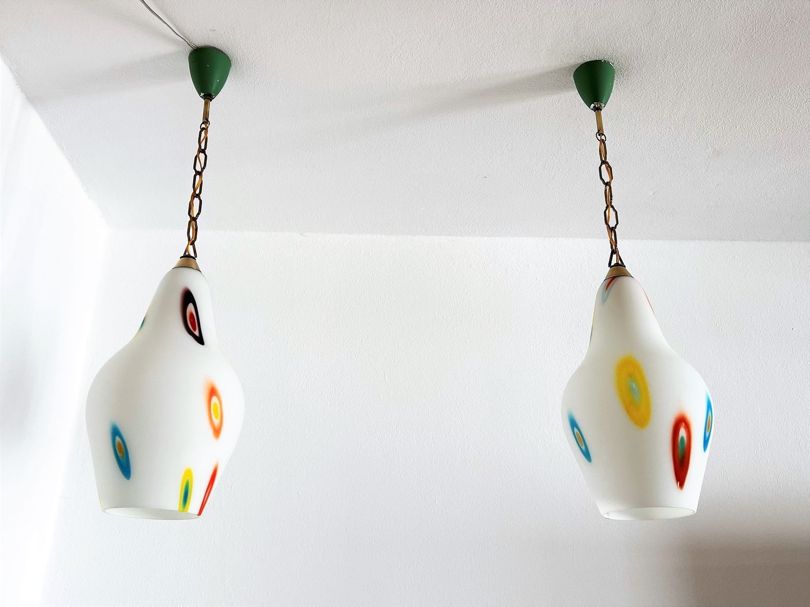 photo buy Italian Midcentury Murano Glass Pendant Lights With Colorful Murrine, 1970s, Set Of 2