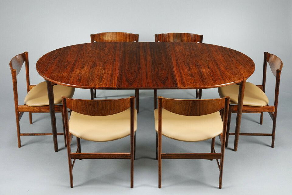 Ib Kofod Larsen Rosewood Dining Table With Extension Leaf And Six Chairs photo for sale