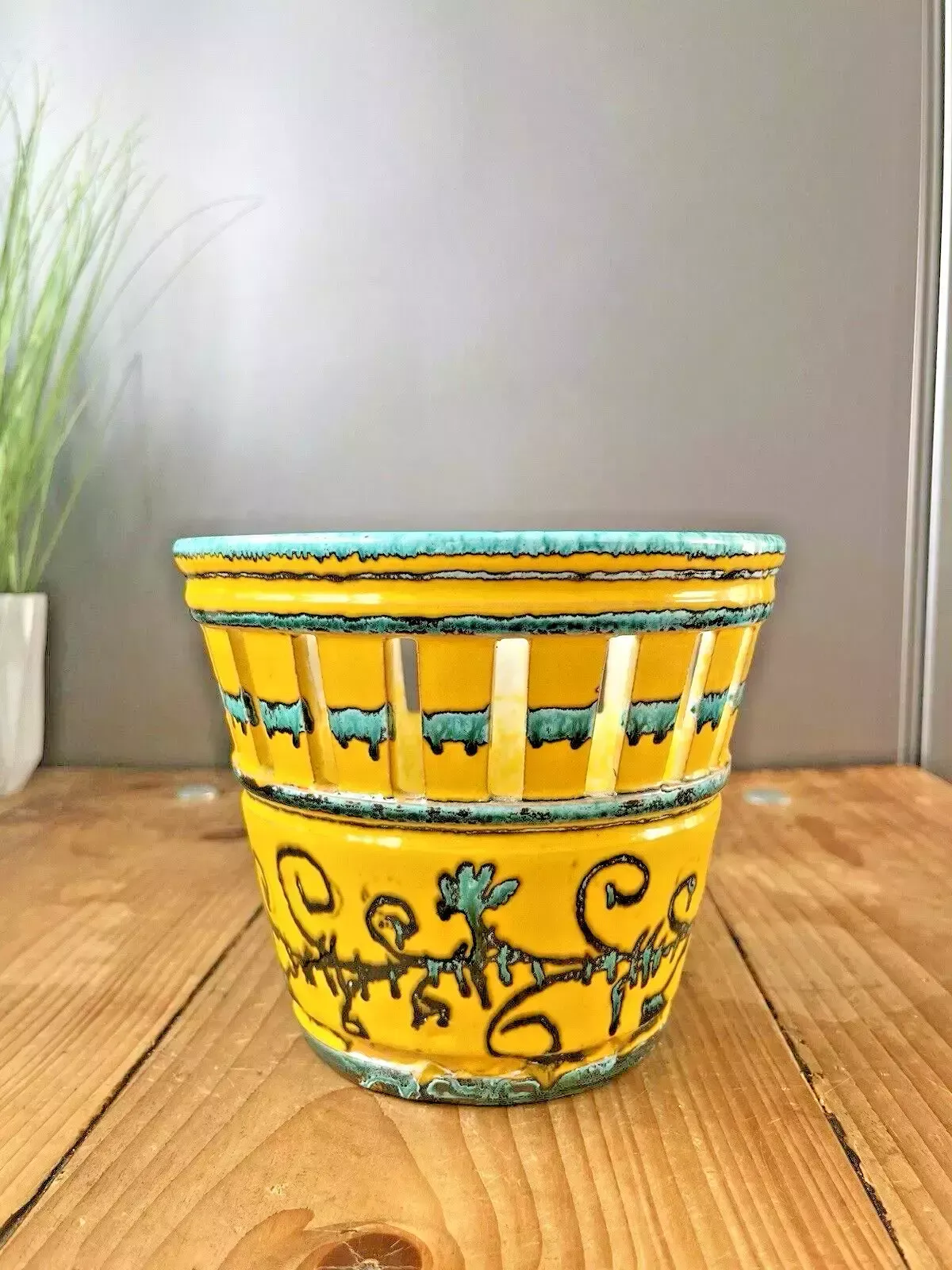 Unusual Pierced Mid Century 60's Italian Pottery Dripglaze Plant Pot Space Age photo furniture