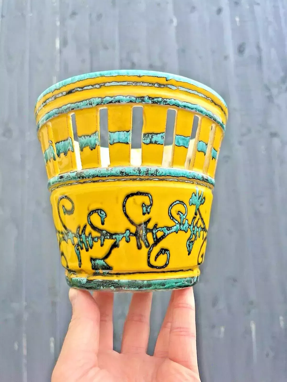 Home Decor Unusual Pierced Mid Century 60's Italian Pottery Dripglaze Plant Pot Space Age photo