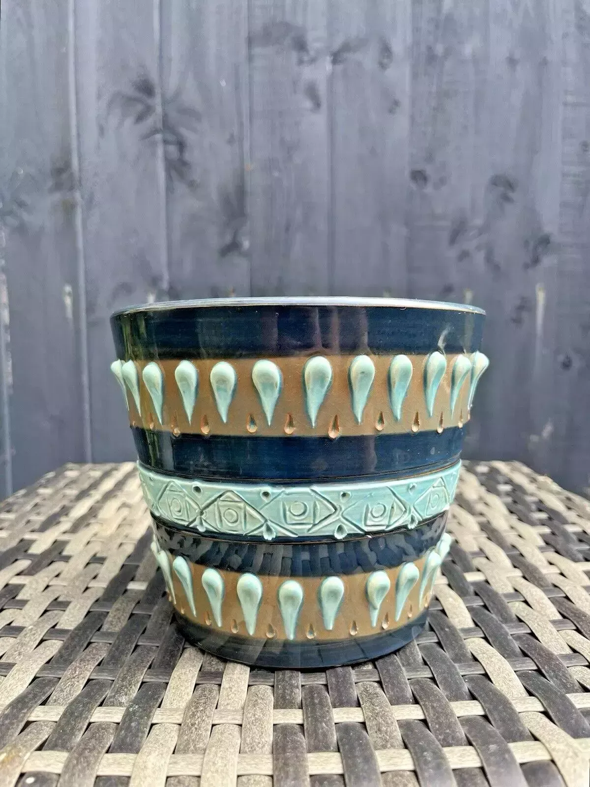 Mid Century Italian Pottery Striped Textured Abstract Planter Plant Pot 60s 70's photo vinterior