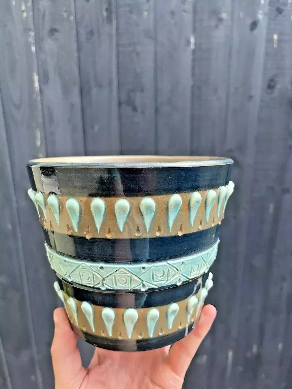 Home Decor Mid Century Italian Pottery Striped Textured Abstract Planter Plant Pot 60s 70's photo