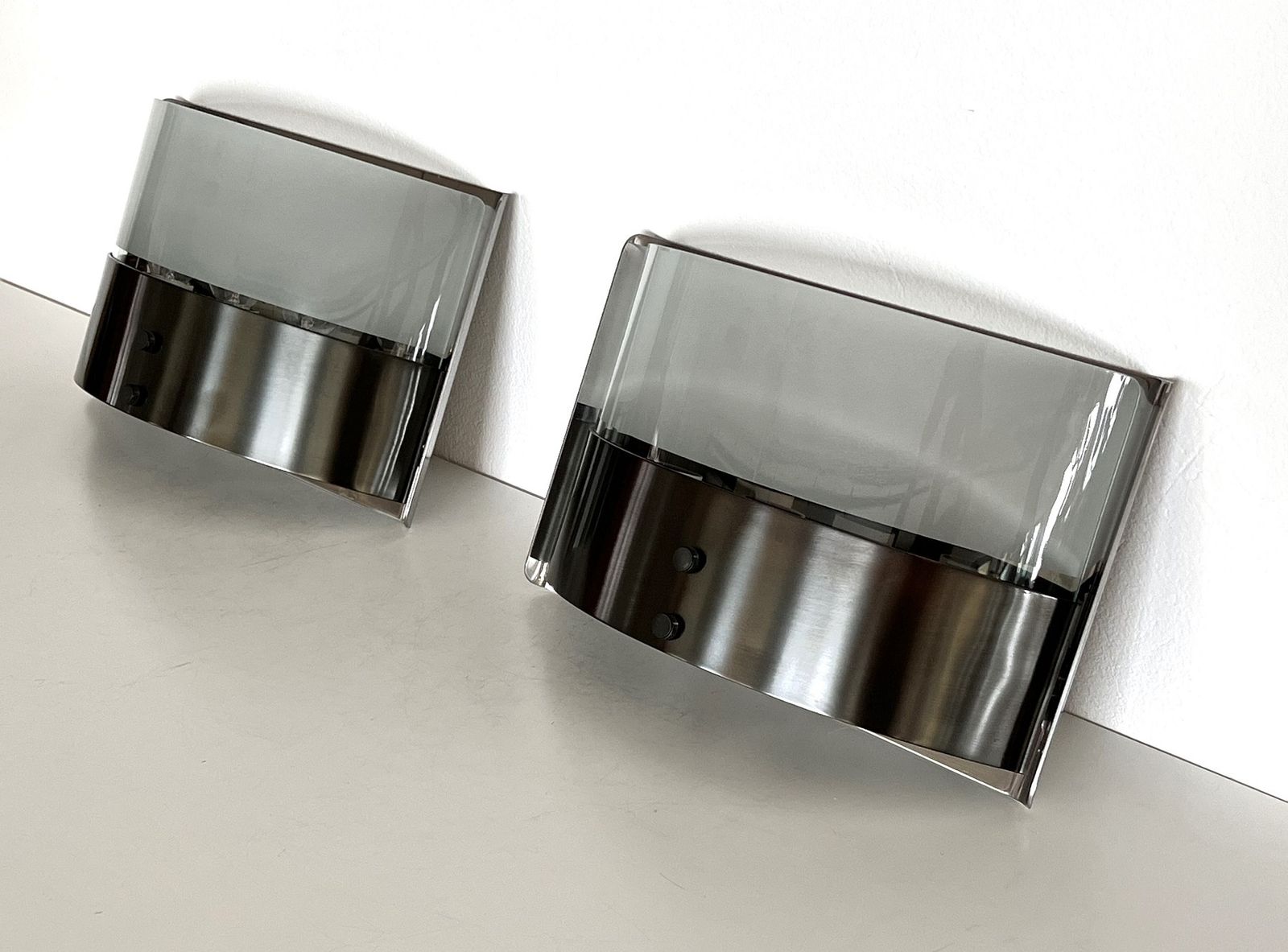 Luigi Caccia Dominioni Pair Wall Sconces Lp19 "Monaco" In Steel And Glass, 1970s photo vinterior