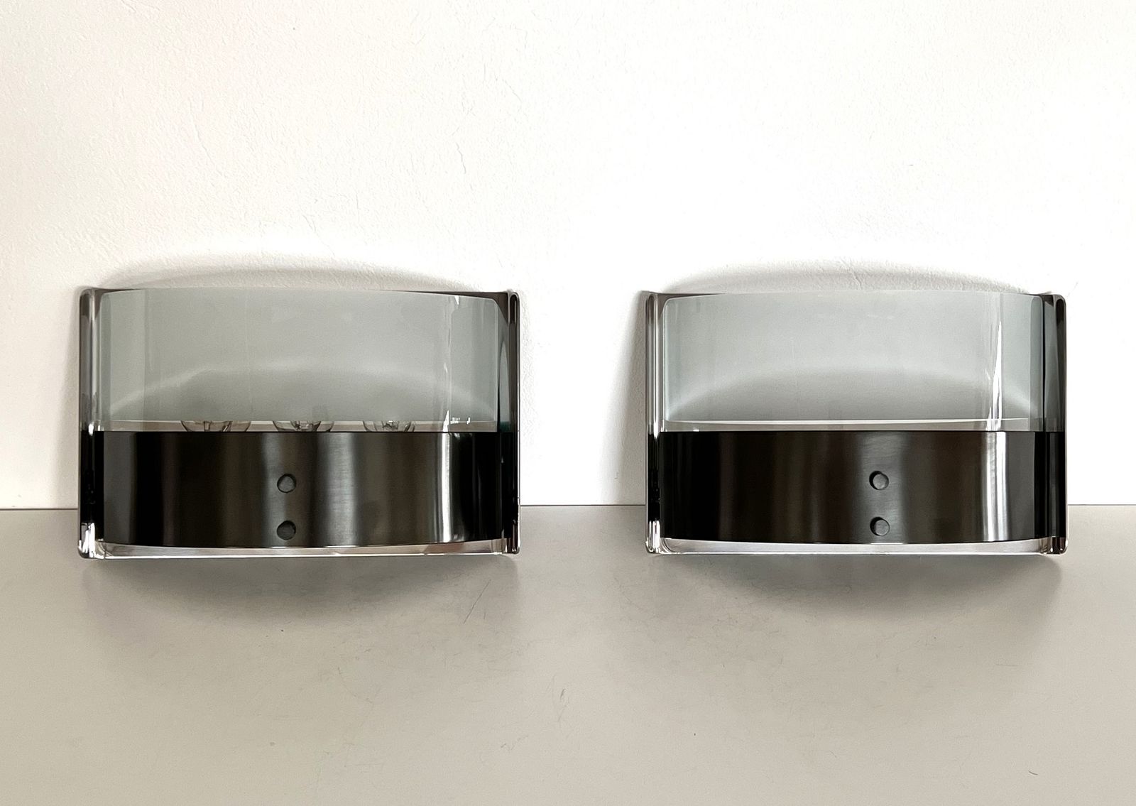 Luigi Caccia Dominioni Pair Wall Sconces Lp19 "Monaco" In Steel And Glass, 1970s photo vintage
