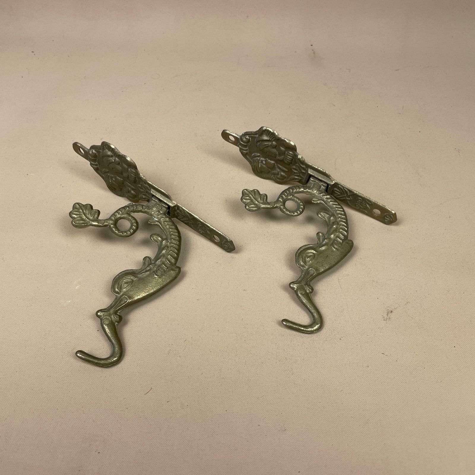 X2 Antique Solid Brass Wall Hook Hanging Vintage Coat Hooks Ornate Pattern Aged Fixture Cottage Oriental Chinese Old Set Door Hanger photo for sale
