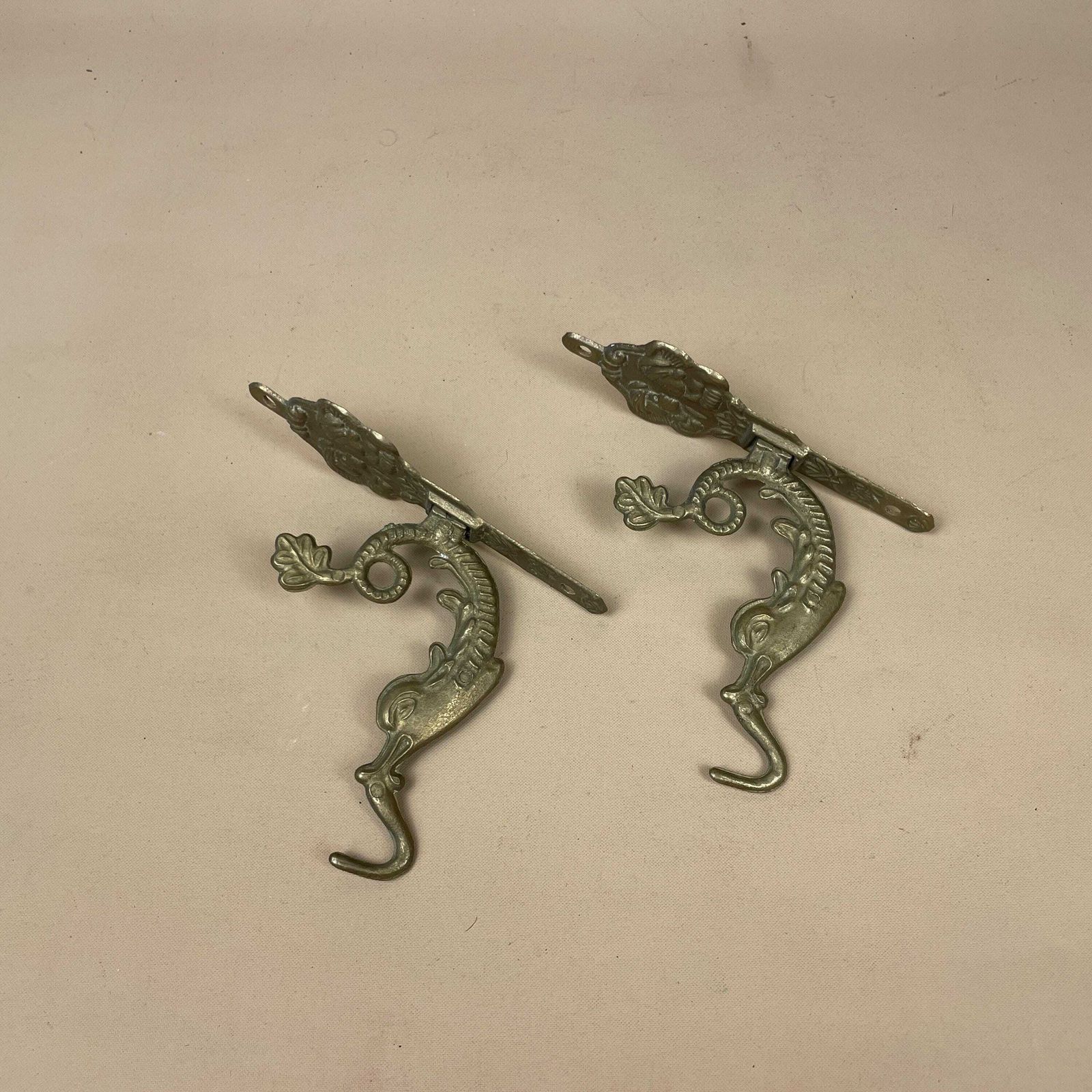 X2 Antique Solid Brass Wall Hook Hanging Vintage Coat Hooks Ornate Pattern Aged Fixture Cottage Oriental Chinese Old Set Door Hanger photo 55.0