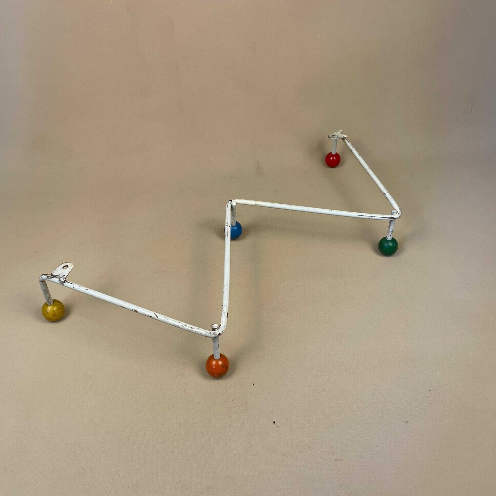 photo for sale Vintage Retro Metal Kids Wooden Wall Coat Room Hanger Rack Hook 5 Hooks Wood Cottage Mud Room Hallway Storage Wood Coloured Balls Children's