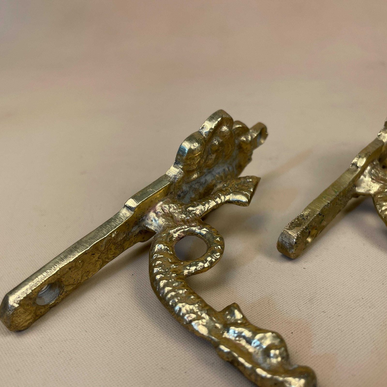 X2 Antique Solid Brass Wall Hook Hanging Vintage Coat Hooks Ornate Pattern Aged Fixture Cottage Oriental Chinese Old Set Door Hanger photo Furniture