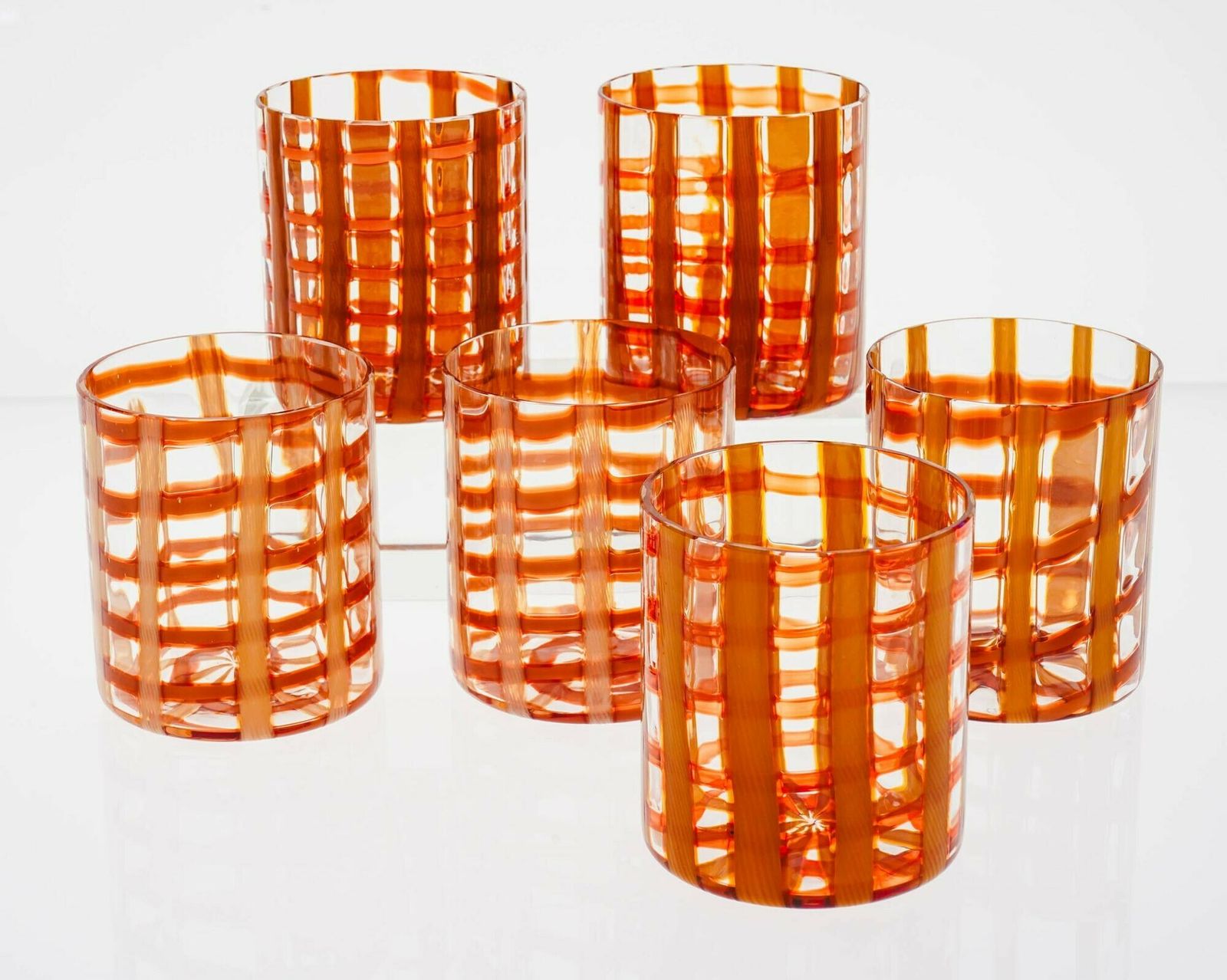 Exclusive Set Of 6 Murano Tumblers, Burnt Orange Zanfirico Over White, Cenedese photo Home Decor