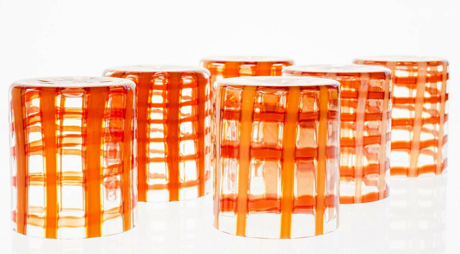 photo for sale Exclusive Set Of 6 Murano Tumblers, Burnt Orange Zanfirico Over White, Cenedese