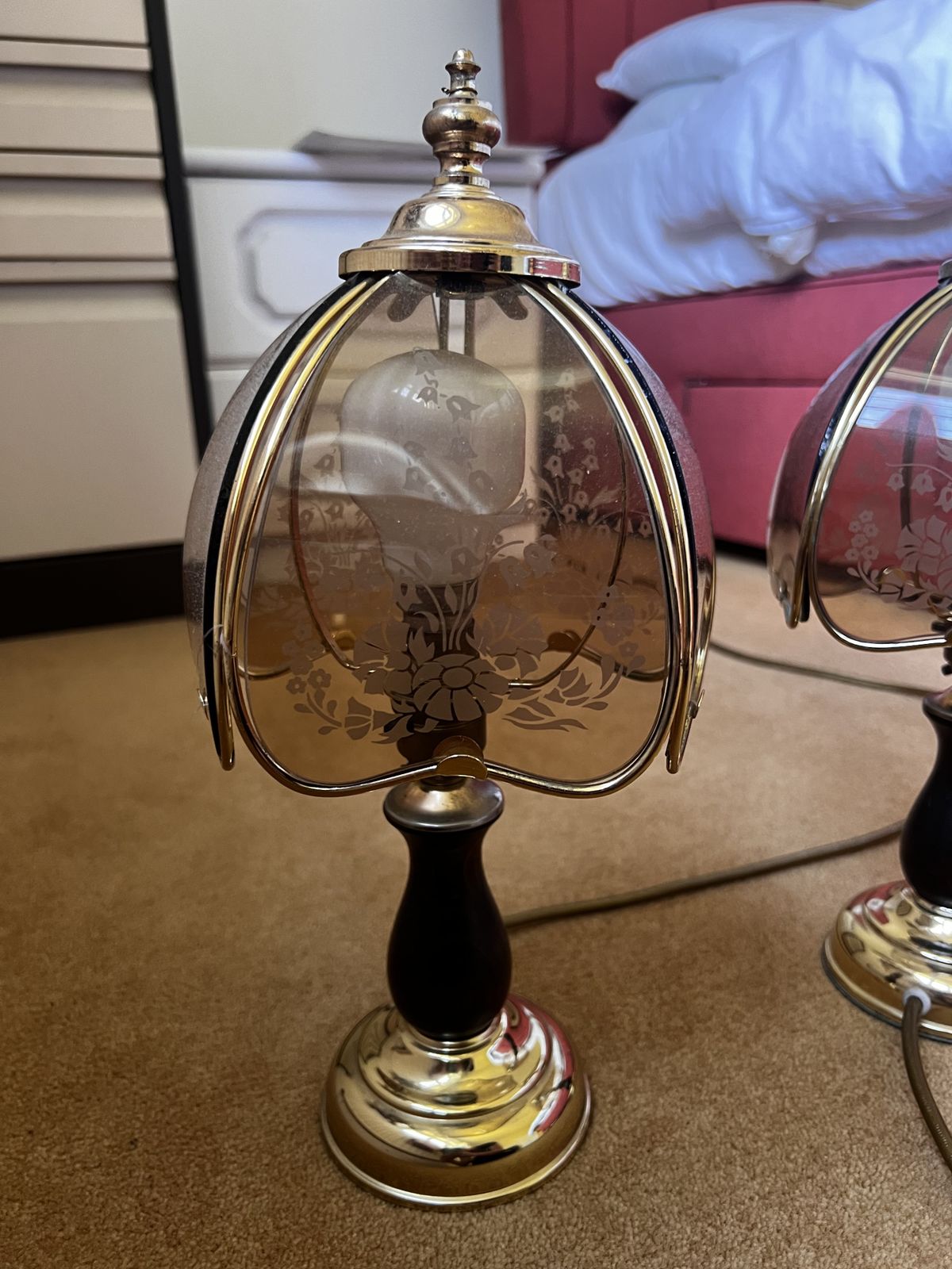 Pair Of Brown Glass Petal Lamps With Gold And Floral Detailing photo for sale