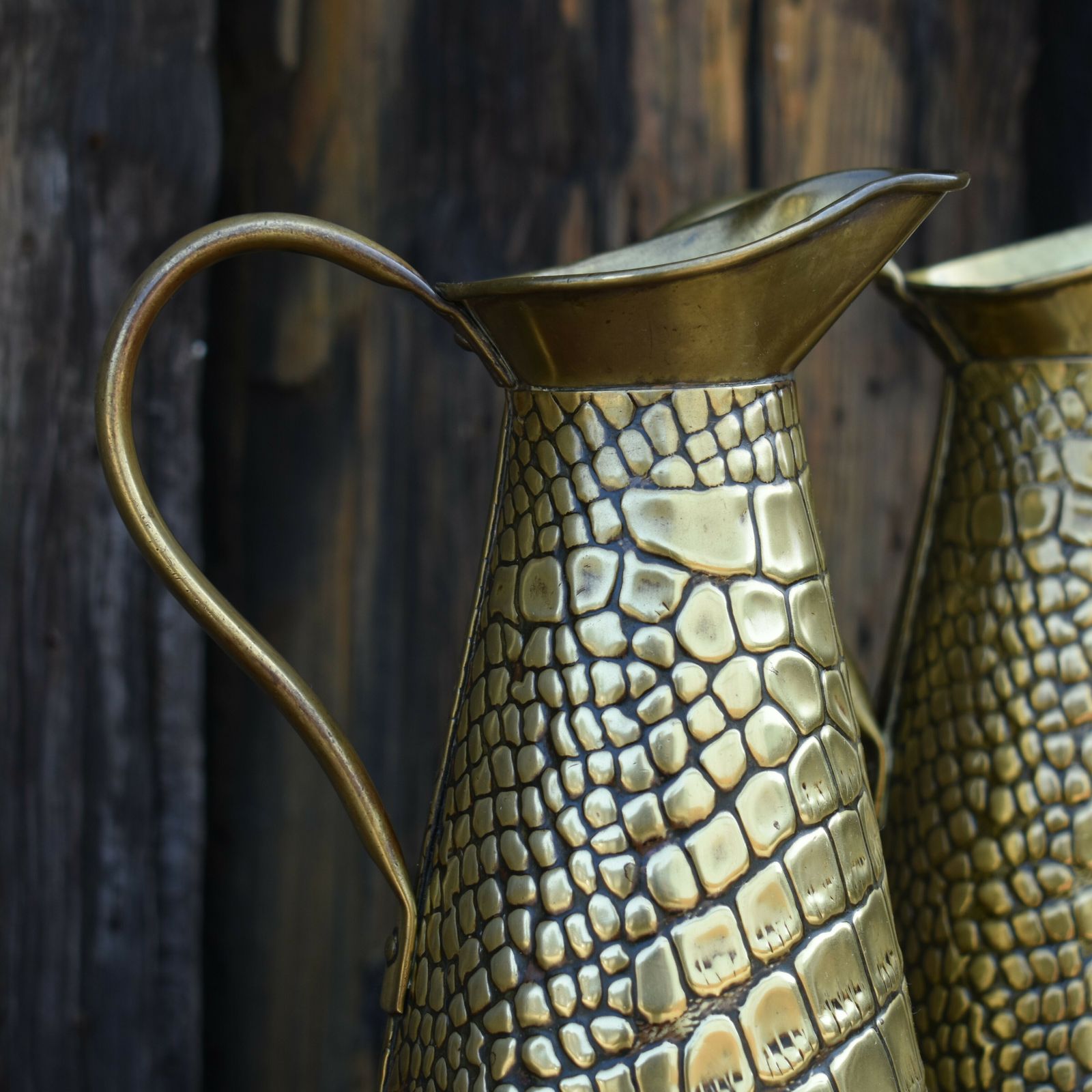 Antique Joseph Sankey Hand Beaten Reptile Repousse Brass Jug Ewer Pitcher Pair photo vintage
