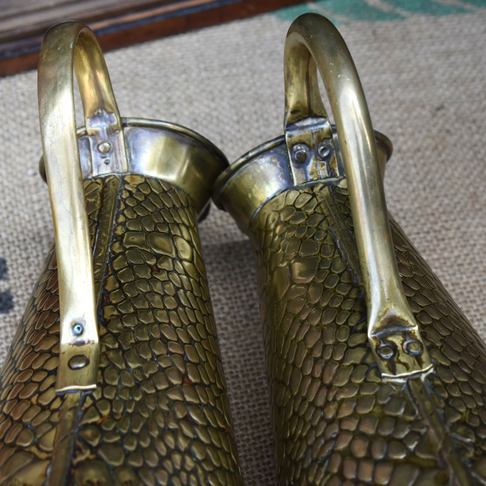 photo buy Antique Joseph Sankey Hand Beaten Reptile Repousse Brass Jug Ewer Pitcher Pair