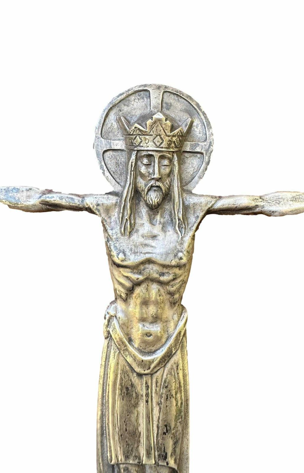 French Antique Carved Wood Silver Metal Wall Crucifix Cross photo for sale