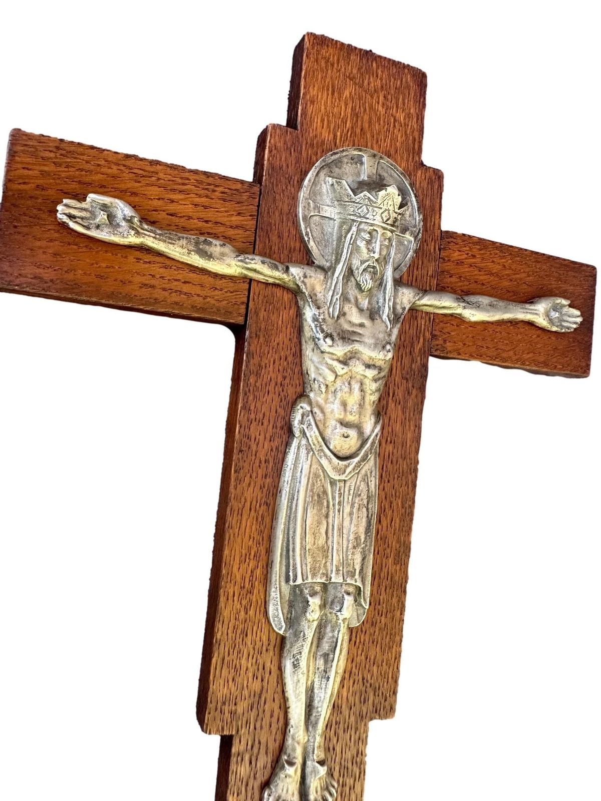 French Antique Carved Wood Silver Metal Wall Crucifix Cross photo buy