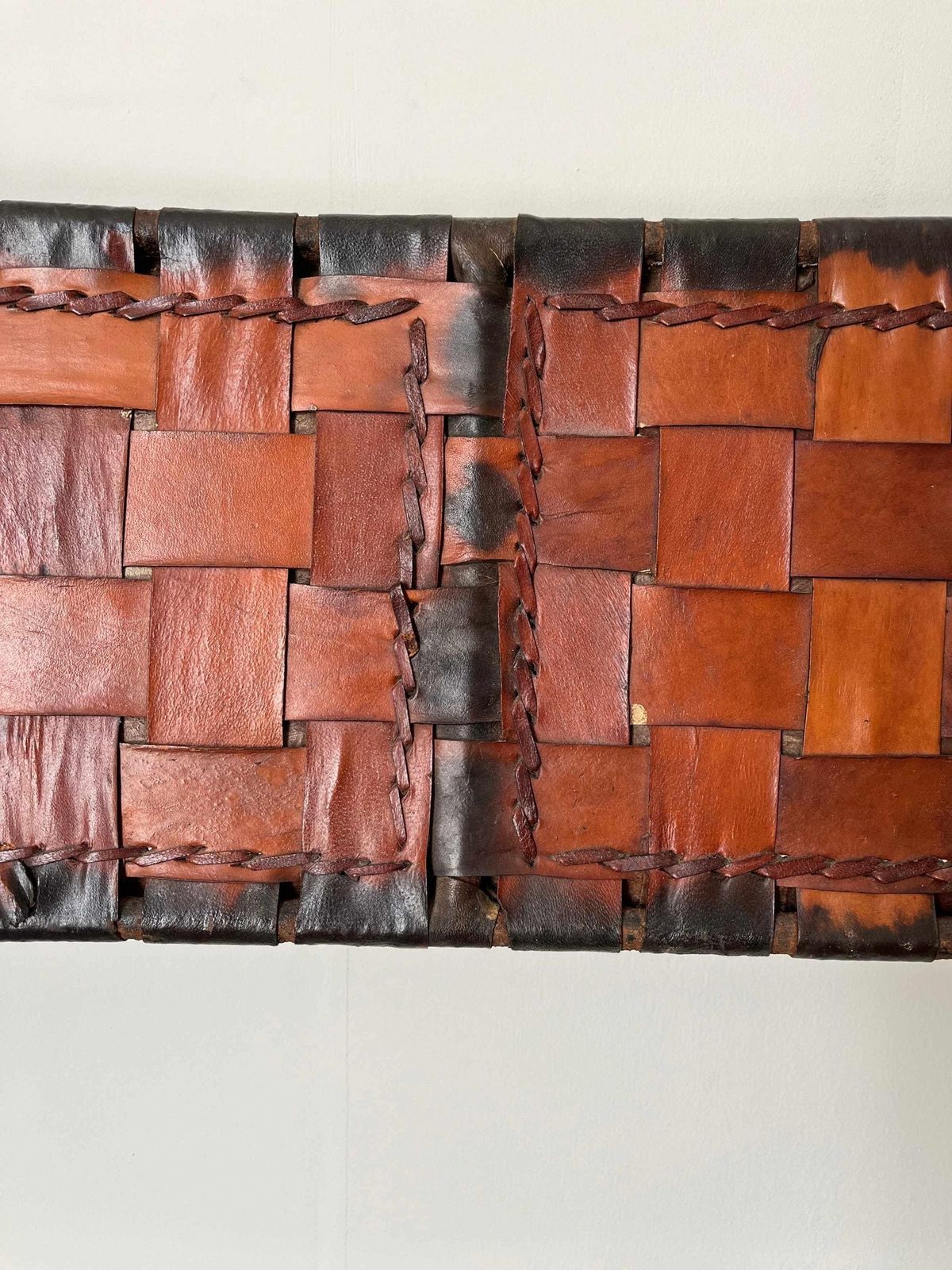 photo furniture Late Mid Century Woven Leather And Iron Bench, Spain C. 1970, Metal Frame Vintage Seat