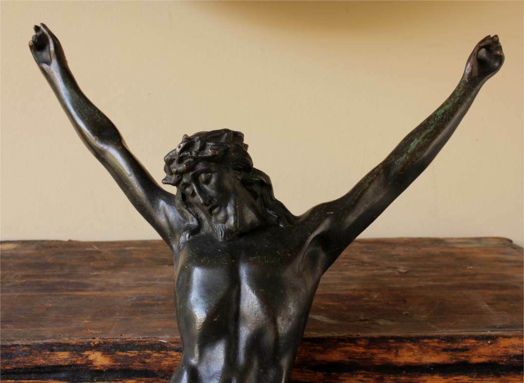 Large Bronze Jesus Christ Figure. 19th Century Corpus Religious Statue. photo furniture