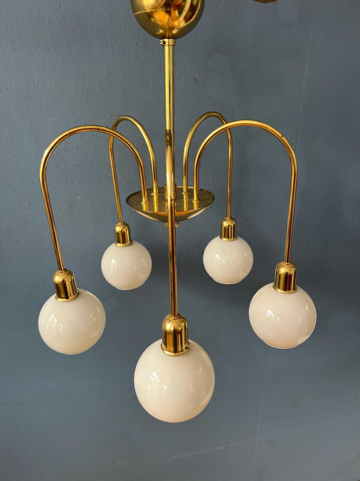 Mid Century Gold Brass Opaline Glass Chandelier photo vinterior